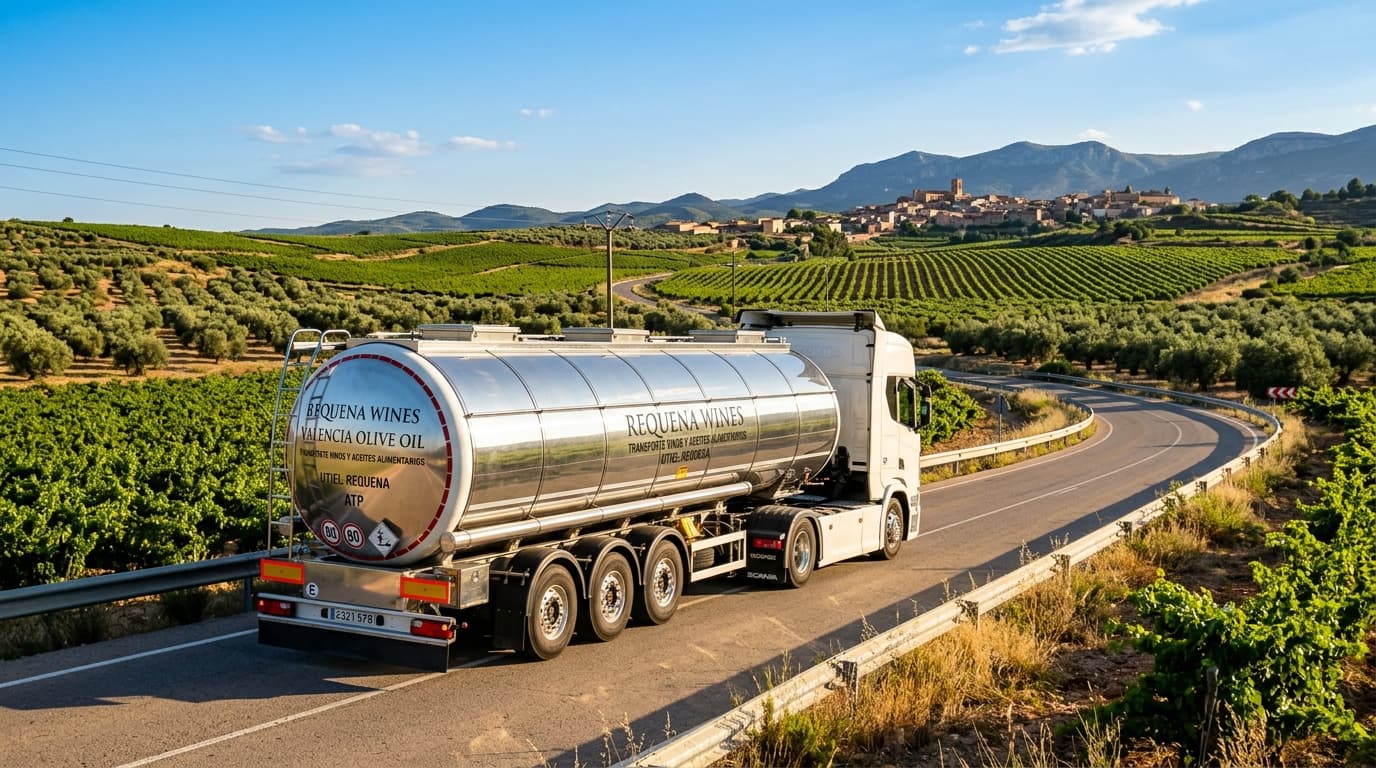 Cisterna cargando en almazara rodeada de olivares