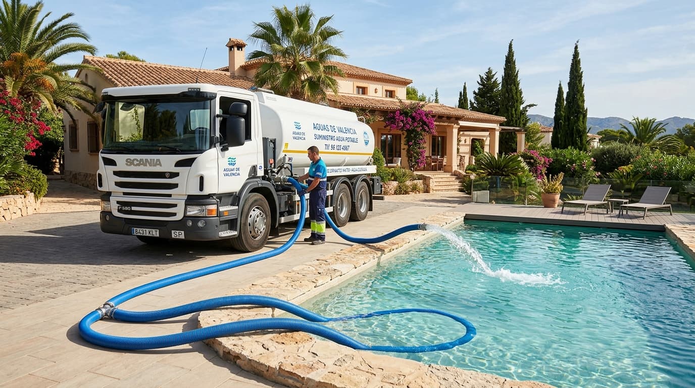 Camión cuba de agua potable abasteciendo en Valencia